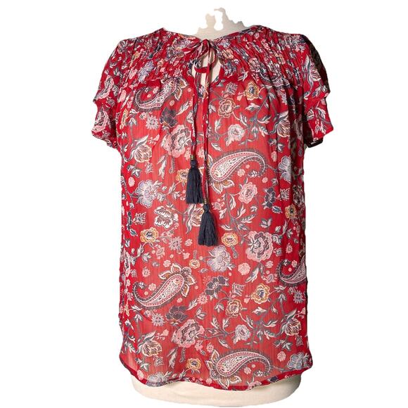 Knox Rose Tops - Knox Rose Red Paisley Print Tassel Short Ruffle Sleeve Blouse Size Small
